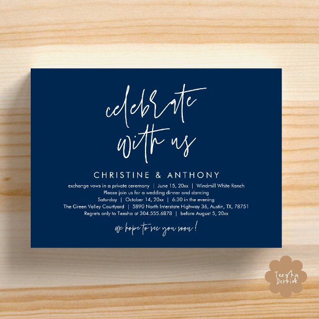 Convites Modern Minimalist Wedding Reception Dinner (Modern Minimalist Wedding Reception Dinner Invitation Card, Celebrate with us, in Navy Blue)