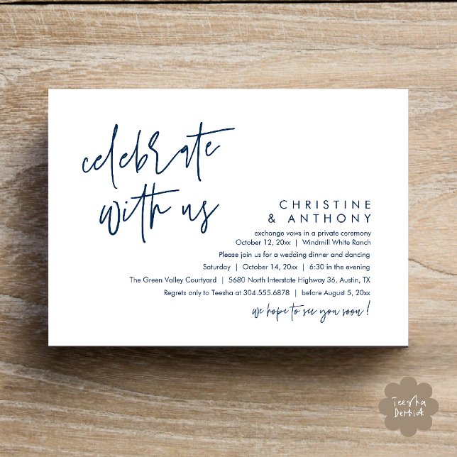 Convites Modern Minimalist Wedding Reception Dinner (Modern Minimalist Wedding Reception Dinner Invitation Card, Celebrate with us, in Navy Blue)