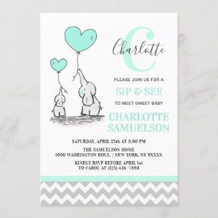 Convites Modern Mint Green Elephant SIP & SEE Baby Girl