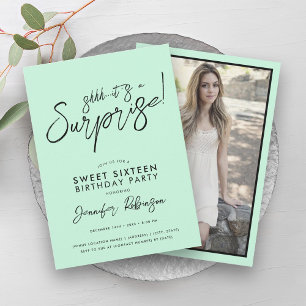Convites Modern Mint Green Photo Surprise Sweet 16
