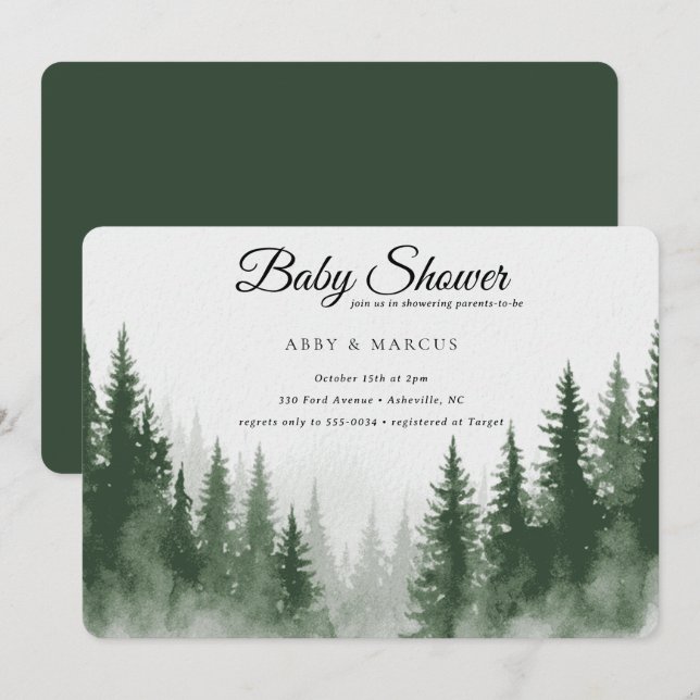 Convites Modern Mountain Forest Adventure Green Baby Shower (Frente/Verso)
