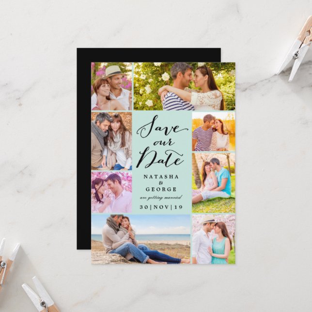Convites Modern Na moda Script 8 Multi Photo Salve A Data (Frente/Verso In Situ)