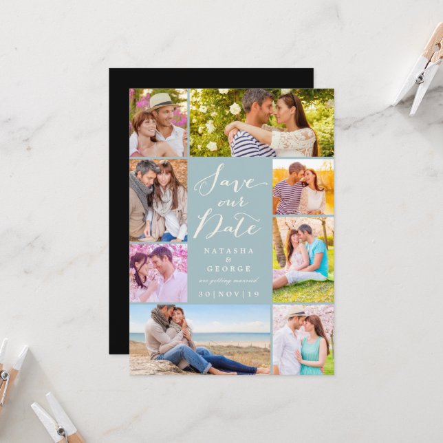 Convites Modern Na moda Script 8 Multi Photo Salve A Data (Frente/Verso In Situ)