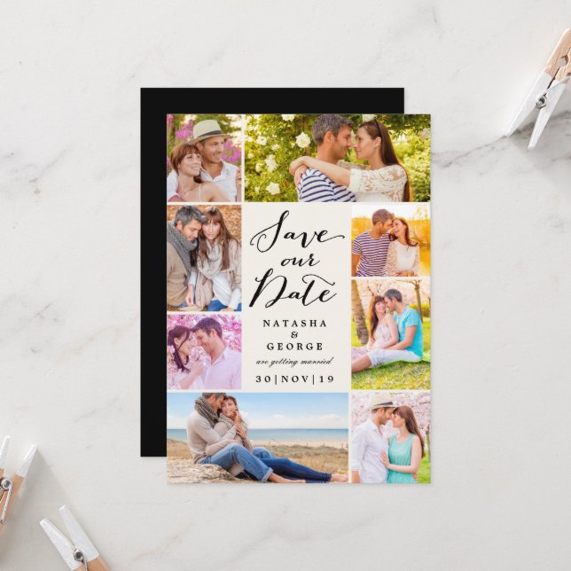 Convites Modern Na moda Script 8 Multi Photo Salve A Data (Frente/Verso In Situ)