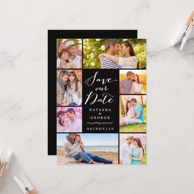 Convites Modern Na moda Script 8 Multi Photo Salve A Data (Frente/Verso In Situ)