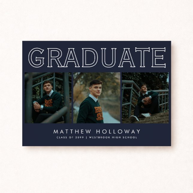 Convites Modern Navy 3 Photo Graduation Announcement  (Criador carregado)