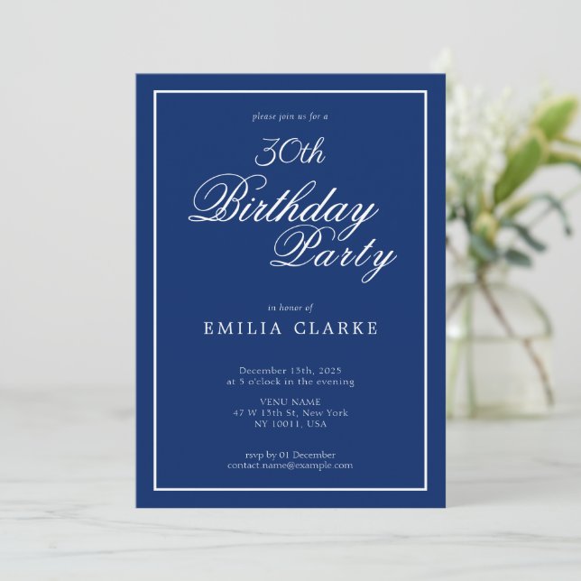 Convites Modern Navy Birthday Party Invitations for Adults (Em pé/Frente)