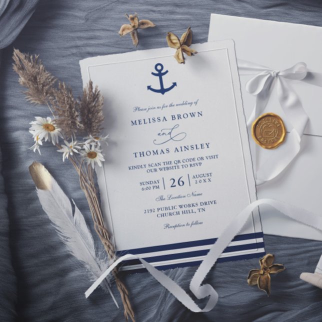 Convites Modern Navy Blue Anchor Nautical QR Code Wedding (Criador carregado)