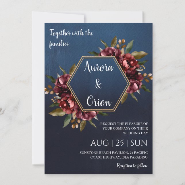 Convites modern navy blue and burgundy wedding invitations (Frente)