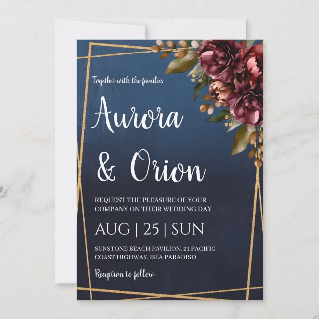 Convites modern navy blue and burgundy wedding invitations (Frente)