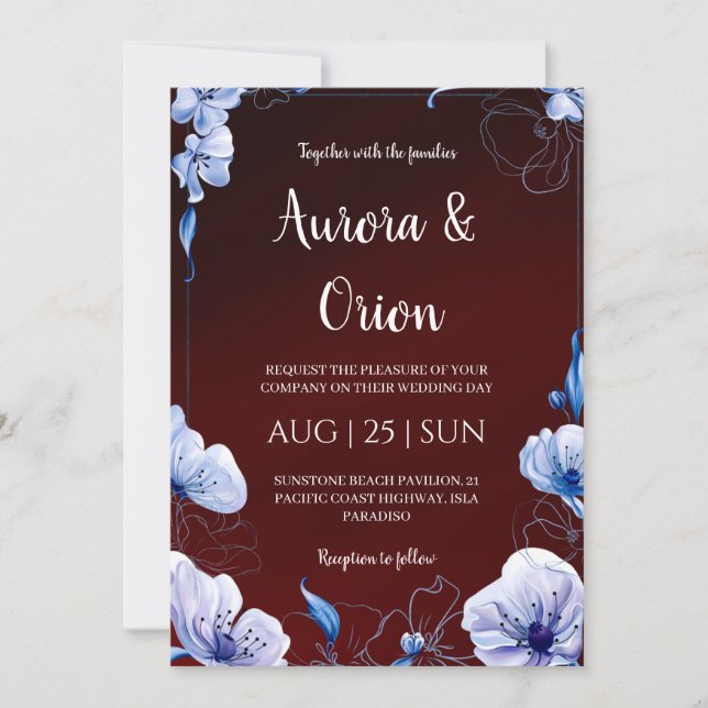 Convites modern navy blue and burgundy wedding invitations (Frente)