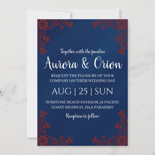 Convites modern navy blue and burgundy wedding invitations (Frente)