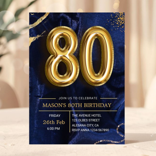 Convites Modern Navy Blue and Gold 80th Birthday Invitation (milestone bday bash invite, women or male man birthday, elegant modern golden invite, gold glitter d)