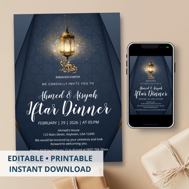 Convites Modern Navy Blue and Gold Glowing Lantern Iftar (Criador carregado)