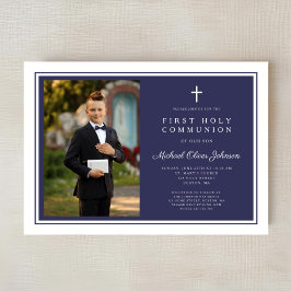 Convites Modern Navy Blue Cross Boy Photo First Communion