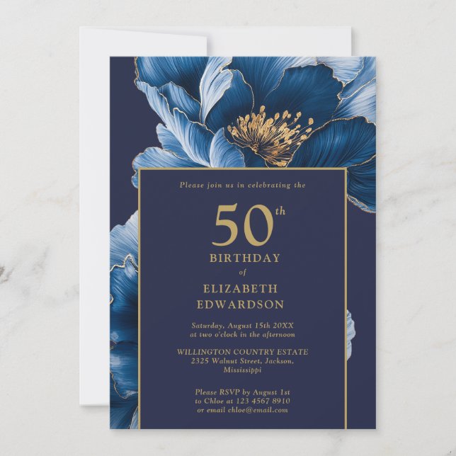 Convites Modern Navy Blue Floral Elegant Birthday (Frente)