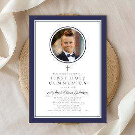 Convites Modern Navy Blue Photo Boy First Communion