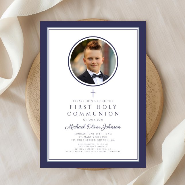 Convites Modern Navy Blue Photo Boy First Communion (Modern Navy Blue Photo Boy First Communion Invitation)