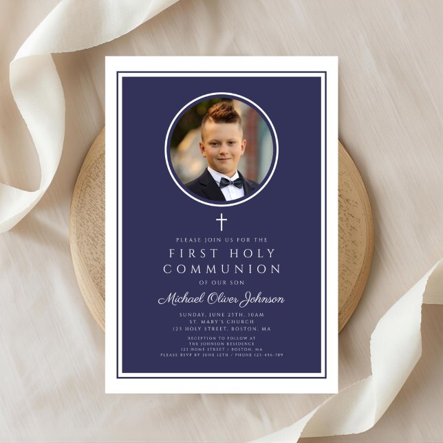 Convites Modern Navy Blue Photo Boy First Communion (Modern Navy Blue Photo Boy First Communion Invitation)