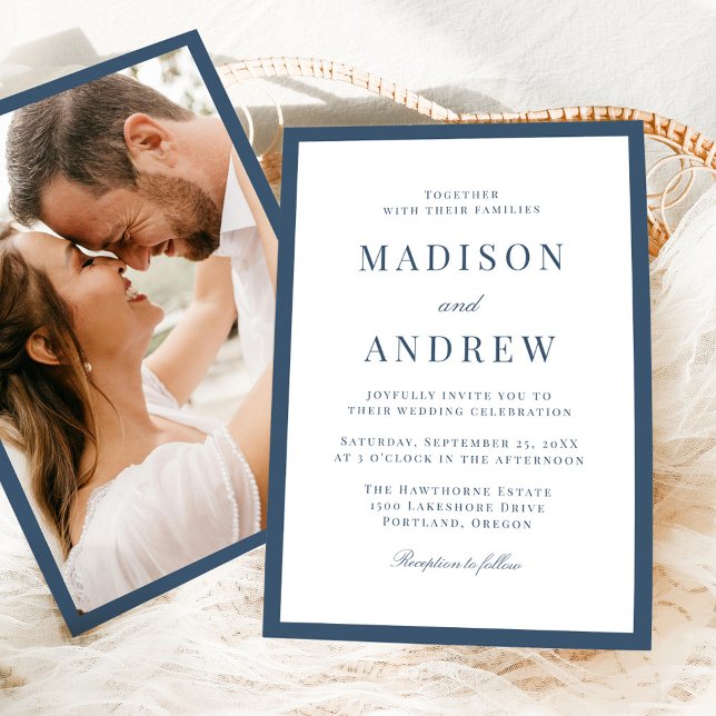 Convites Modern Navy Border Photo Wedding (Criador carregado)