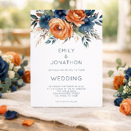 Convites Modern Navy Burnt Orange Florals QR Code Wedding