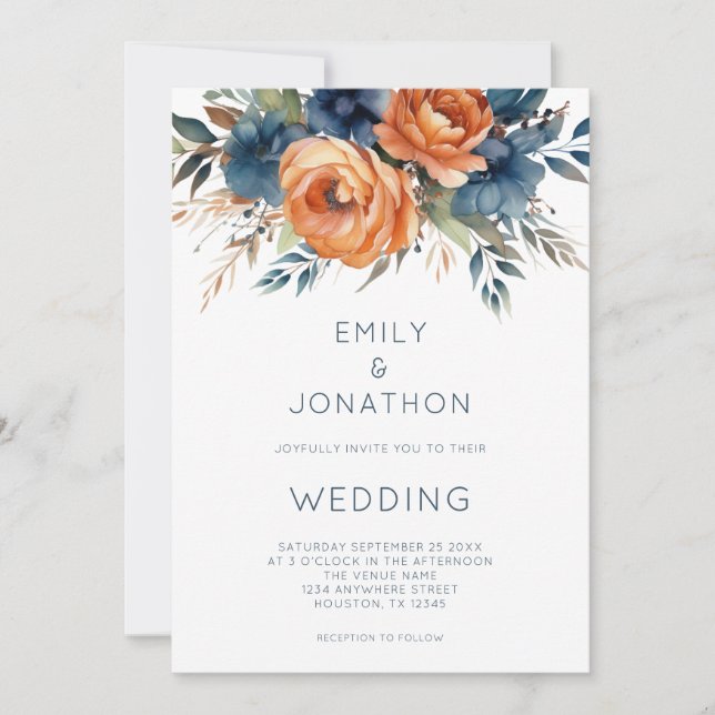 Convites Modern Navy Burnt Orange Florals QR Code Wedding (Frente)