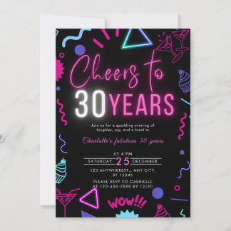 Convites Modern Neon Cheers to 30 Anos aniversário de 30 an