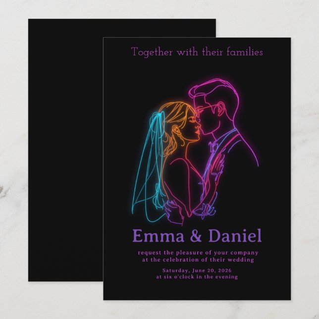 Convites Modern Neon Line Art Couple Wedding Invitation (Frente/Verso)