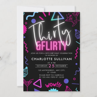 Convites Modern Neon Trinta e Flirty aniversário de 30 anos