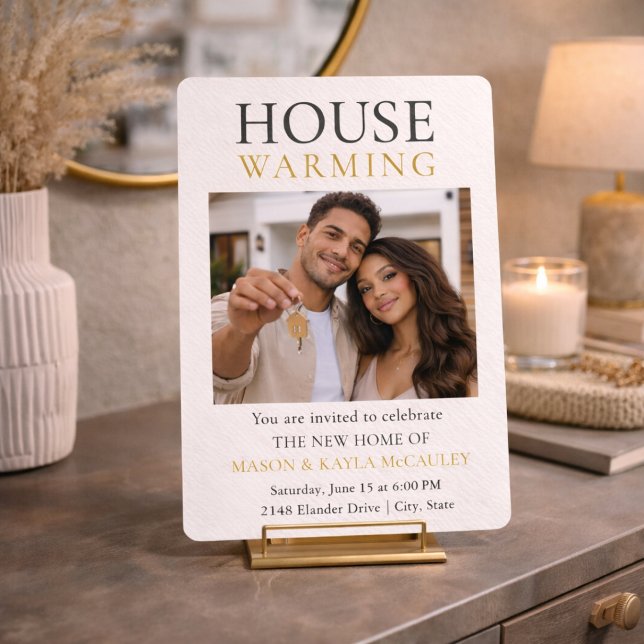 Convites Modern New Home Invitation (Modern new home celebration with neutral tones, gold text, and photo layout with key detail)