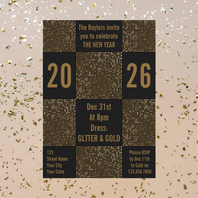 Convites Modern New Year Black & Gold Glitter Holiday Party (Criador carregado)
