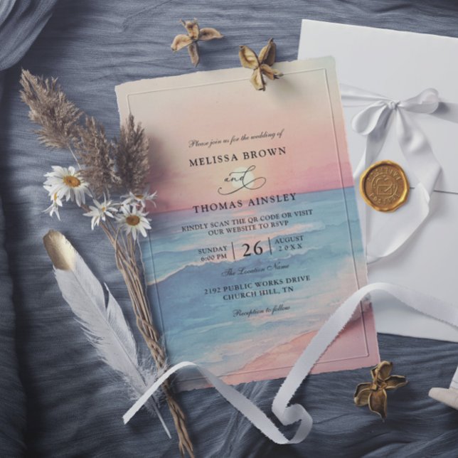 Convites Modern Ocean Sunset Budget QR Code Wedding (Criador carregado)