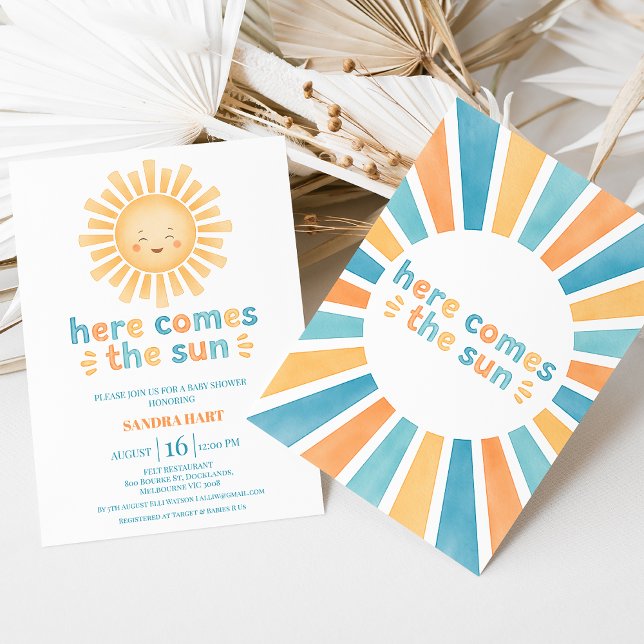Convites Modern Orange Teal Aqui Vem O Filho Chá de fraldas (Here Come The Son Baby Shower Invitation Template, Modern Retro, Sun Themed Baby Shower invitation)
