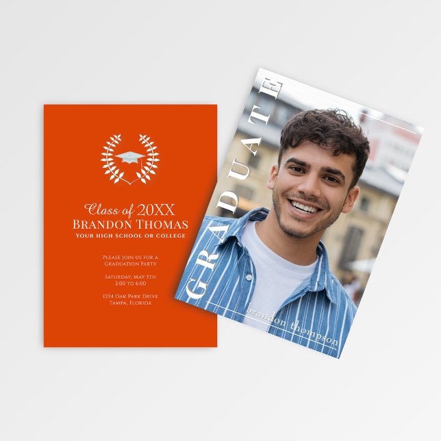 Convites Modern Orange Vertical Name Graduation Photo Card (Class of 2026 graduation party card with orange back and elegant laureate cap design.)