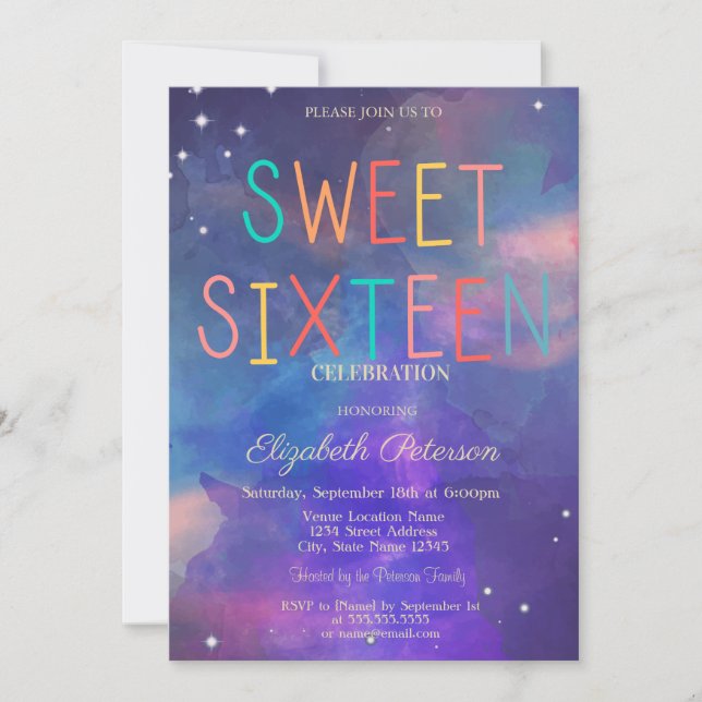 Convites Modern Paint Splash Colorful Sweet 16 (Frente)