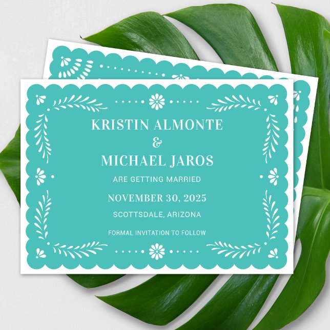 Convites Modern Papel Picado Salve A Data (Modern Papel Picado Save The Date in Turquoise)