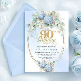 Convites Modern Pastel Blue Floral Gold 90th Birthday Card