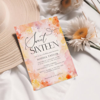 Convites Modern Pastel Watercolor Floral Sweet 16 Aniversár