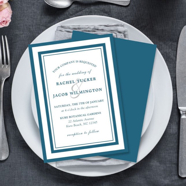 Convites Modern Patina Blue & White Border Simple Wedding (Criador carregado)