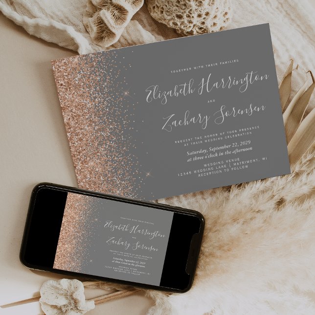Convites Modern Peach Glitter Gray Wedding (Criador carregado)