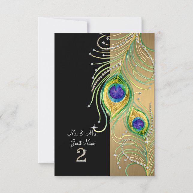 Convites Modern Peacock Feather Faux Jewel Place Cards (Frente)
