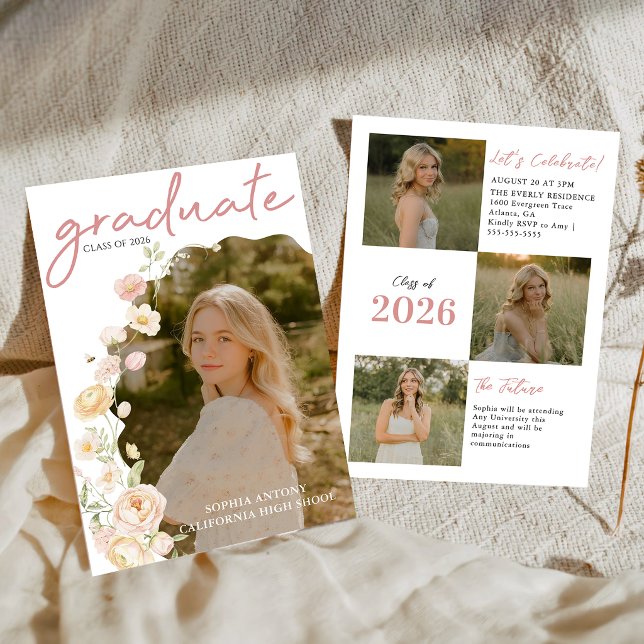 Convites Modern Photo Floral Graduation Party Invitation (Criador carregado)