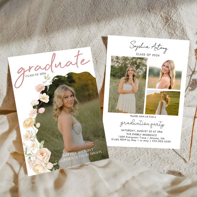 Convites Modern Photo Floral Graduation Party Invitation (Criador carregado)