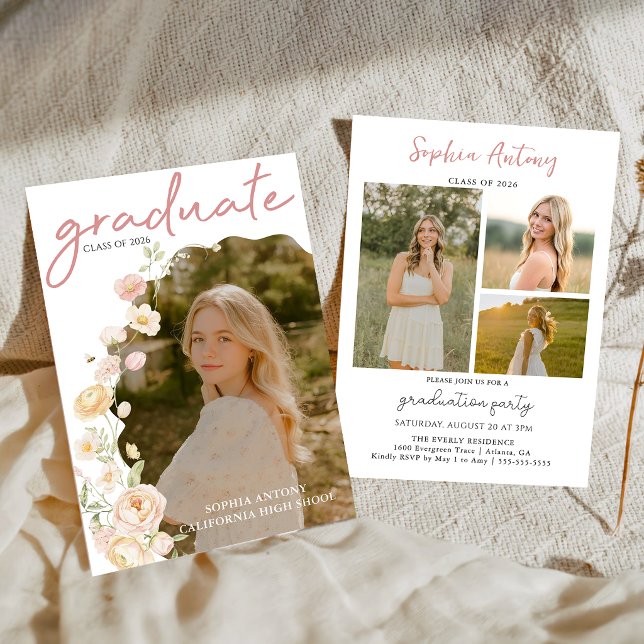 Convites Modern Photo Floral Graduation Party Invitation (Criador carregado)