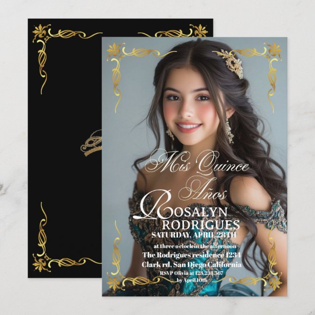 Convites Modern Photo Quinceanera Gold White (Frente/Verso)