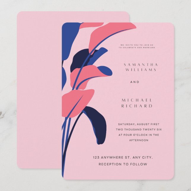 Convites Modern Pink and Navy Tropical Leaf Wedding Invitat (Frente/Verso)