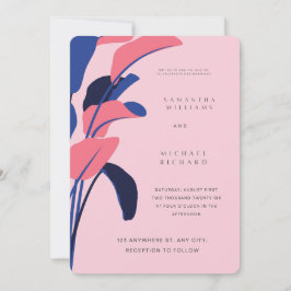 Convites Modern Pink and Navy Tropical Leaf Wedding Invitat