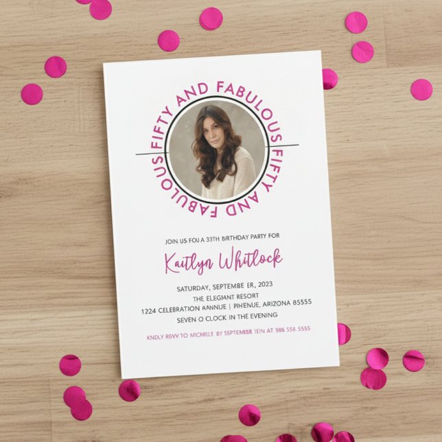Convites Modern Pink Black 50 and Fabulous 50th Birthday (elegant modern pink black fifty and fabulous 50th birthday party invitation for her woman women)