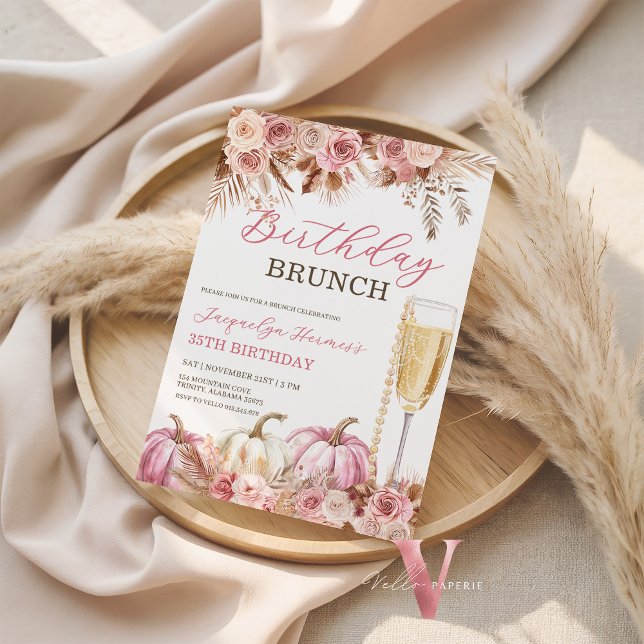 Convites Modern Pink Boho Pumpkin Autumn Birthday Brunch  (Criador carregado)