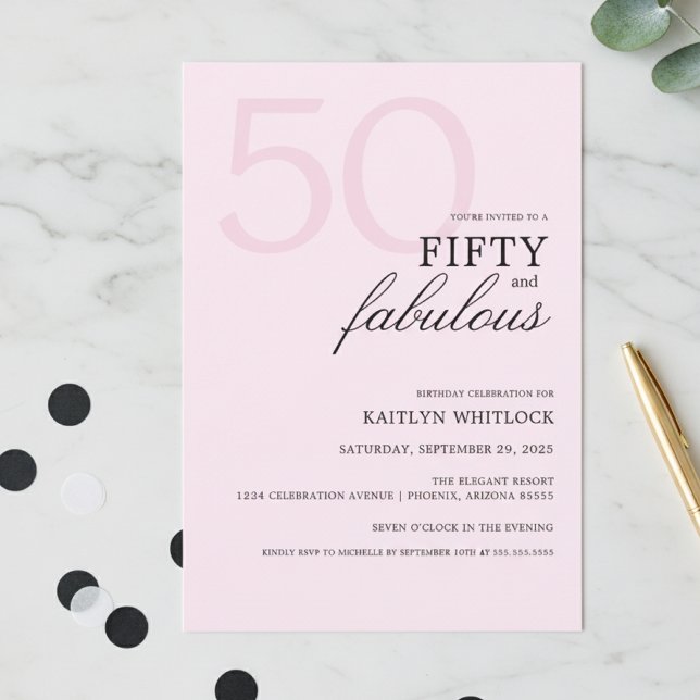 Convites Modern Pink Bold 50 and Fabulous Birthday Party (modern elegant typography pink fifty and fabulous 50th birthday party invitation simple bold script)